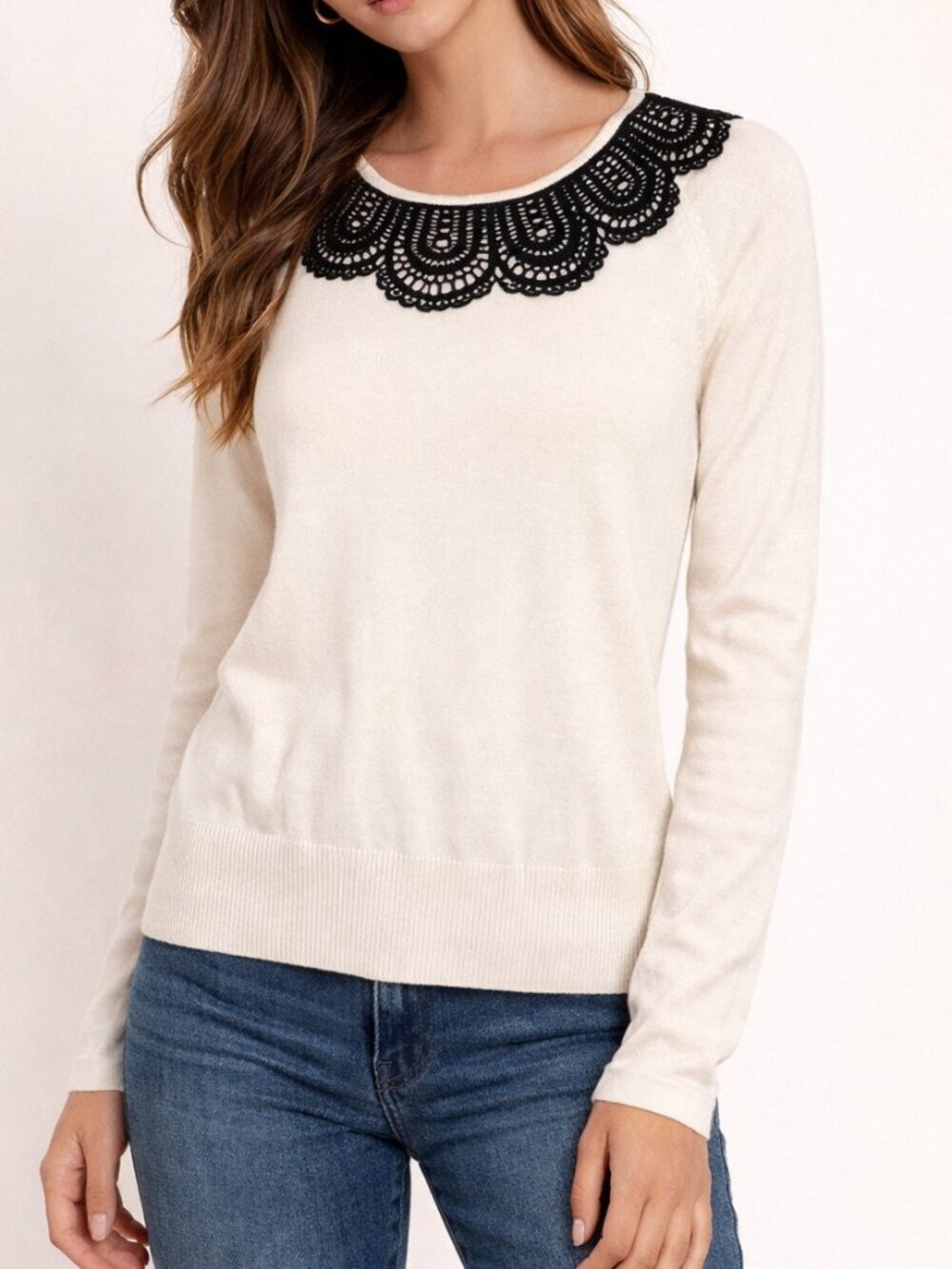 Monterey Bay Ivory Lace Collar Knit Sweater PM Petite Soft Stretch Classic